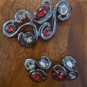 Vintage Fashion Jewelry Set Earrings, Ruby Red, Clear, and Dark Pewter Colors